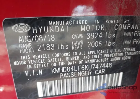 2019 Hyundai Elantra Sel z USA, uszkodzony, nr VIN KMHD84LF6KU747448